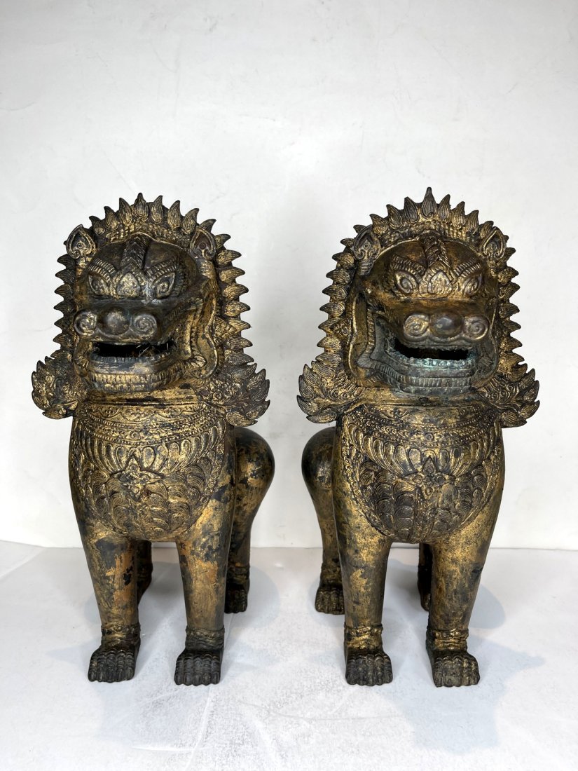 Pair of Thai gilt bronze guardian lions, c1920 (1 of 6)