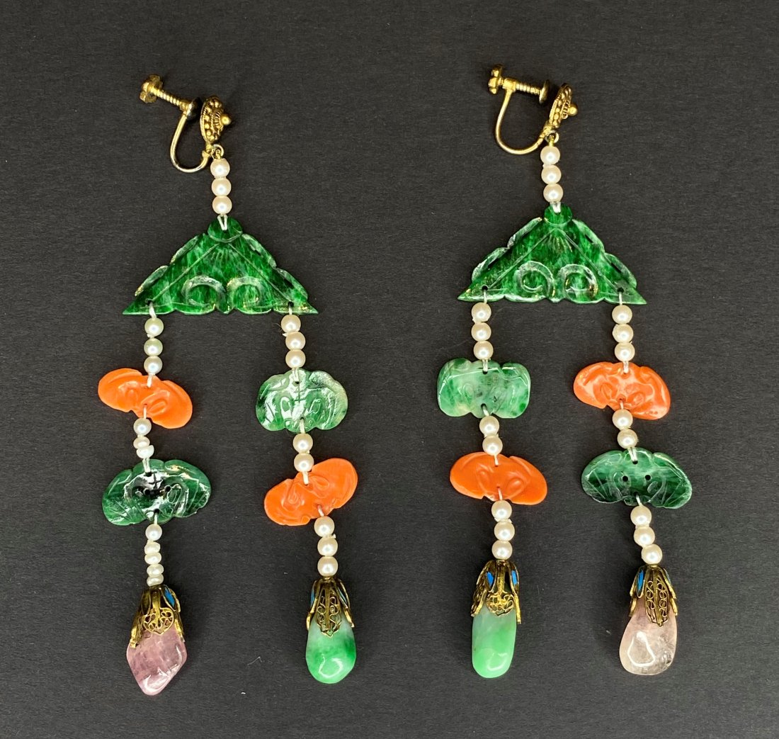 Chinese jade, silver, carnelian earrings,c1900: Chinese jade, silver, carnelian earrings,c1900, 9.05 dwts Length: 3.75"