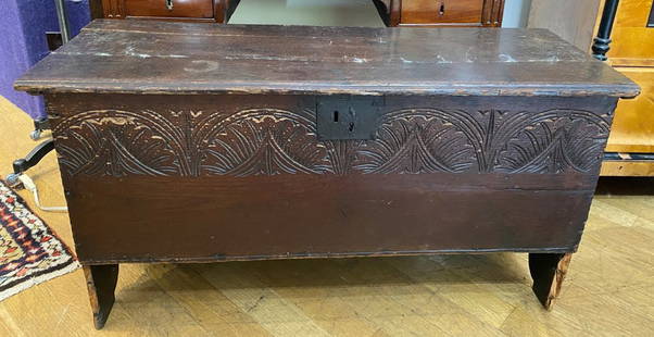 17th/18th century carved wood blanket chest: 17th/18th century carved wood blanket chest40"L x 14.5"W x 21"HCracks in the wood, dryness.