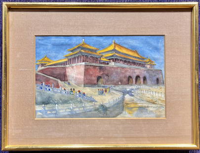 Watercolor of Meridian Gate by G. Denham, c1960: Watercolor of Meridian Gate, Beijing by G. Denham, c1960 Frame: 14" x 10 3/4" Watercolor: 9 1/4" x 5 3/4"