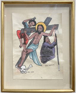 Christian watercolor of the Descension, c1970.: Christian watercolor of the Descension, c1970Watercolor: 9" x 12"Frame: 13.5" x 16.5"