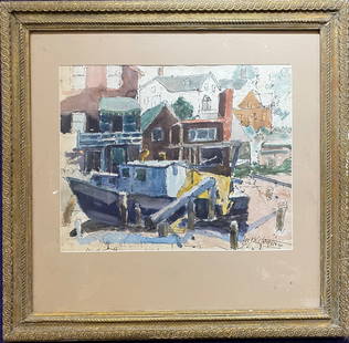 Watercolor of dock by Harry Hering, c1930: Watercolor of dock by Harry Hering, c1930. Frame: 31" x 30" Watercolor: 21" x 16.5" Harry Hering(jewelryandpaintings.com):Harry Hering was an American painter who was born in 1887. Hering has held