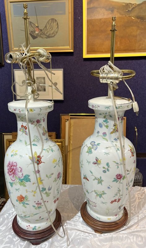 Pair of Chinese Butterfly Lamps (drilled): Pair of Chinese Butterfly Lamps (drilled) Porcelain portion: 18" tall Total length: 30" & 31"