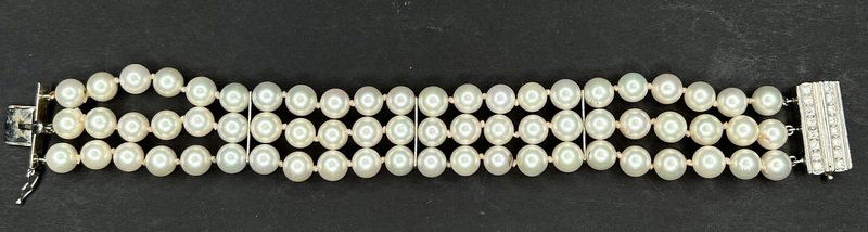 14k white gold diamond three row pearl bracelet (1 of 4)