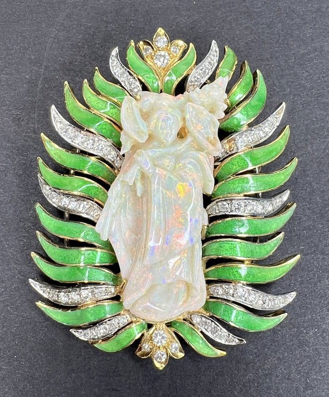18k enamel brooch with carved opal, c.1965, 21.35dwts (1 of 5)