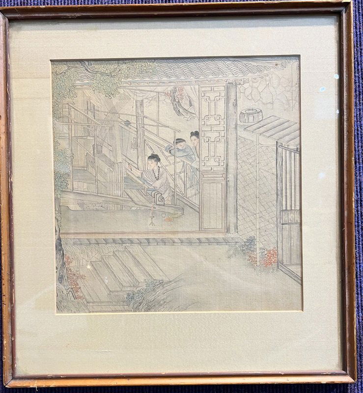 Mid-19thc Chinese painting on silk, boy with loom (1 of 7)