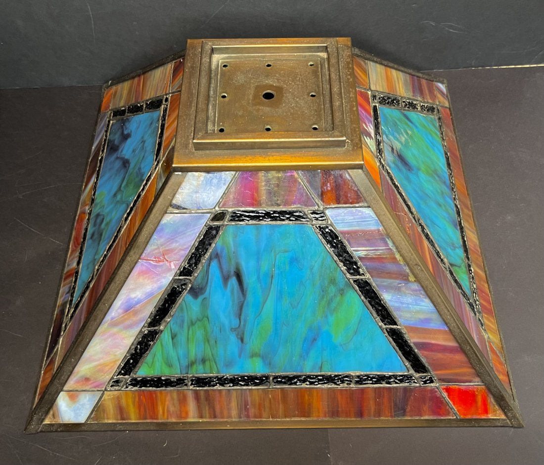 Slag glass and copper lamp shade, c1940: Slag glass and copper lamp shade, c1940 18"L x 18"W x 8.5"H The metal appears to be copper. From the Estate of Mary Ellen Kaplan, daughter of Alice Kaplan, both world renown collectors of art and anti