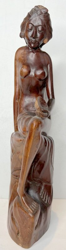 Balinese carved wooden sculpture of seated woman: Balinese carved wooden sculpture of seated woman Height: 15"
