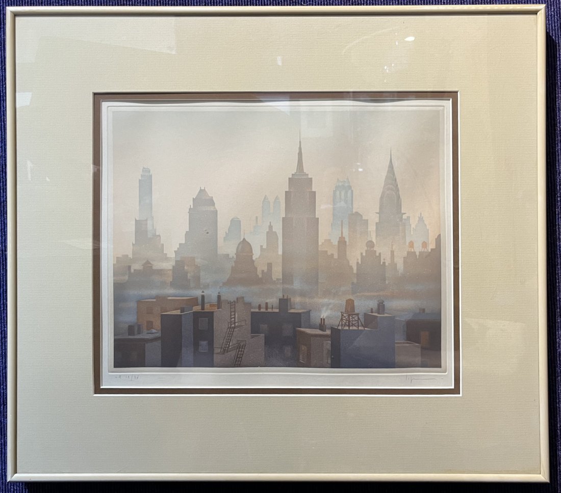 Lithograph of NYC skyline by Philippe Lejeune: Lithograph of NYC skyline by Philippe LejeuneLithograph(sight to mat): 15" x 12.25"Frame: 23.5" x 20.5"Philippe Lejeune(source: tiil.net) Philippe Lejeune was born in Garches, France in 1951. In 1970,