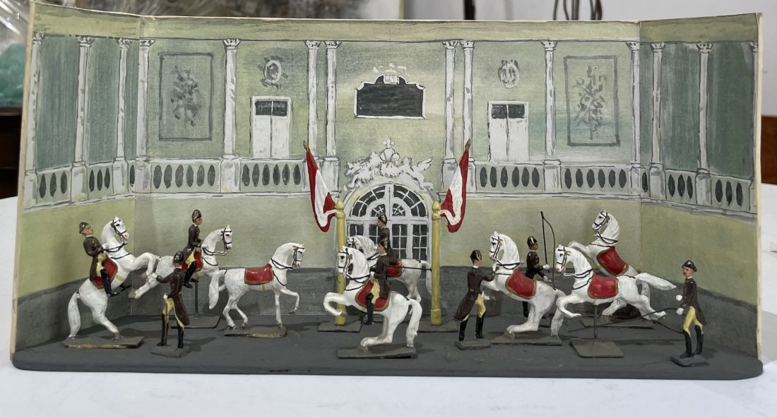 Royal Spanish Riding School Diorama,c1920-Lipizzaner: Royal Spanish Riding School diorama, c1920 12"W x 2.75"D x 5.75"H.The horses are the world famous Lipizzaner Stallions.