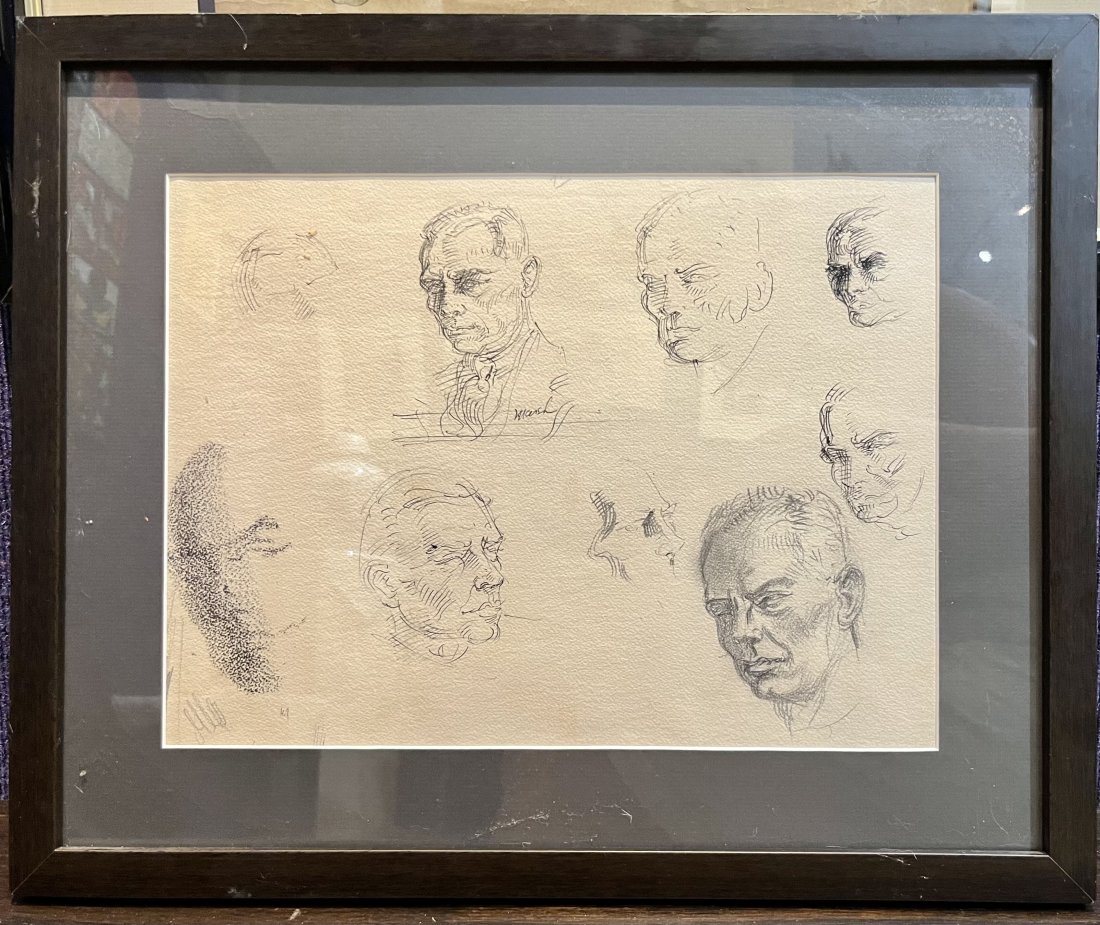 Portrait studies by Reginald Marsh, c1945: Portrait studies by Reginald Marsh, c1945 Frame: 19" x 15.5" Portrait studies (sight to the mat): 13 5/8" x 10 1/8" In 1949, Marsh had made a similar set of portrait studies of John Sloan for the New