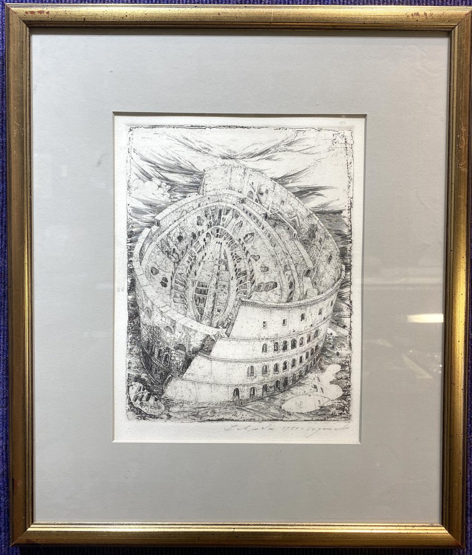 Etching of the Colosseum by Anton Lehmden, 1956: Etching of the Colosseum by Anton Lehmden 1956 14.5"W * 17"H with frame 8"W *10.5"H Anton Lehmden (2 January 1929 â€“ 7 August 2018) was an Austrian painter, draughtsman, and printmaker.[1]Lehmde