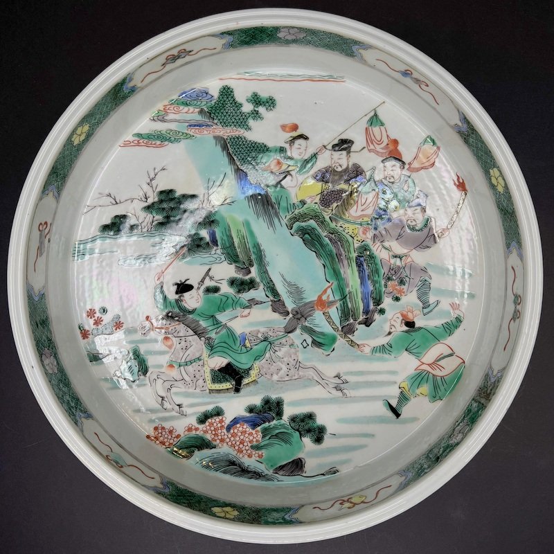 Chinese shallow dish with chase scene, Kangxi marks: Chinese shallow dish with chase scene, Kangxi marks 11"D * 2.25"H