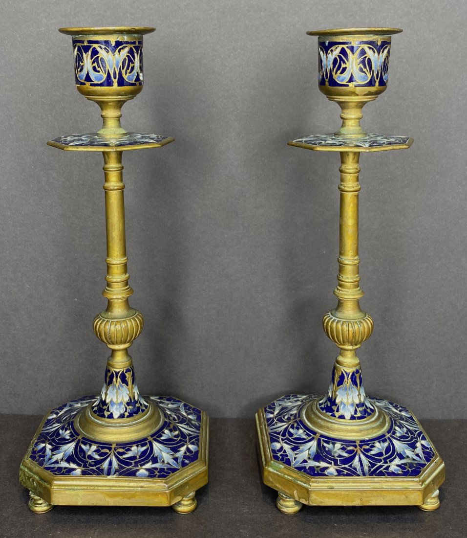 Pair gilt bronze French champleve candlesticks,1880 (1 of 4)