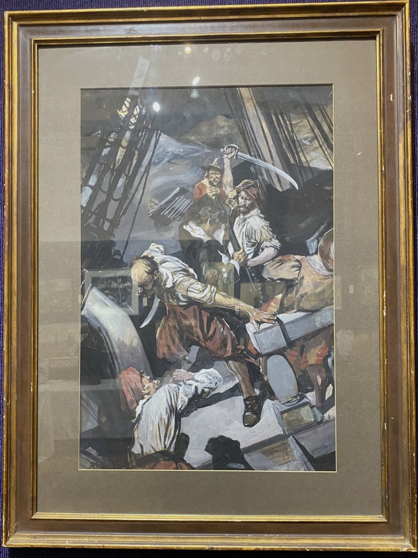 Gouache by George F. Gibbs, Mutiny on Deck: Gouache by George F. Gibbs, Mutiny on Deck35"H * 26.5"W with frame25"H * 16.5"W
