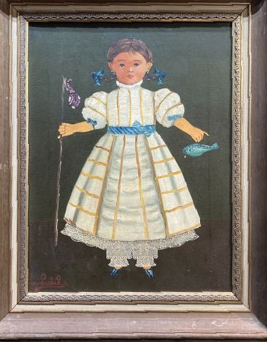 Ptg of little girl & fish by Agapito Labios, c1920: Ptg of little girl & fish by Agapito Labios, c1920.--------------------------------------(From Nuevo Santander Gallery):Agapito Labios (Mexican, 1898-1996). Agapito Labios was born Agapito Engel Cifue