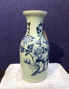 Chinese blue and green vase with peacock, c1900: Chinese blue and green vase with peacock, c1900 Approximate dimensions 17" H x 7" W