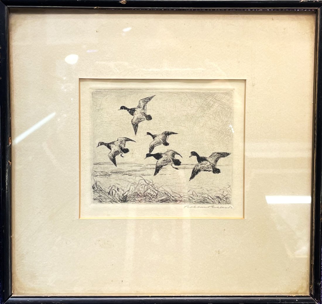 Engraving of flying ducks by Roland Clark (1 of 2)