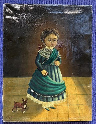 Painting of young girl & chihuahua by Agapito Labios: Painting of young girl & chihuahua by Agapito Labios Approximate dimensions 16.75" x 22".------------------------------------------------------------------------(Askart.com):Agapito Labios (Mexican, 1