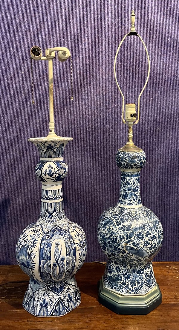 Two 18th century blue and white Dutch lamps: Two 18th century blue and white Dutch lamps 9 inches x 36 inches 9 inches x 31.5 inches