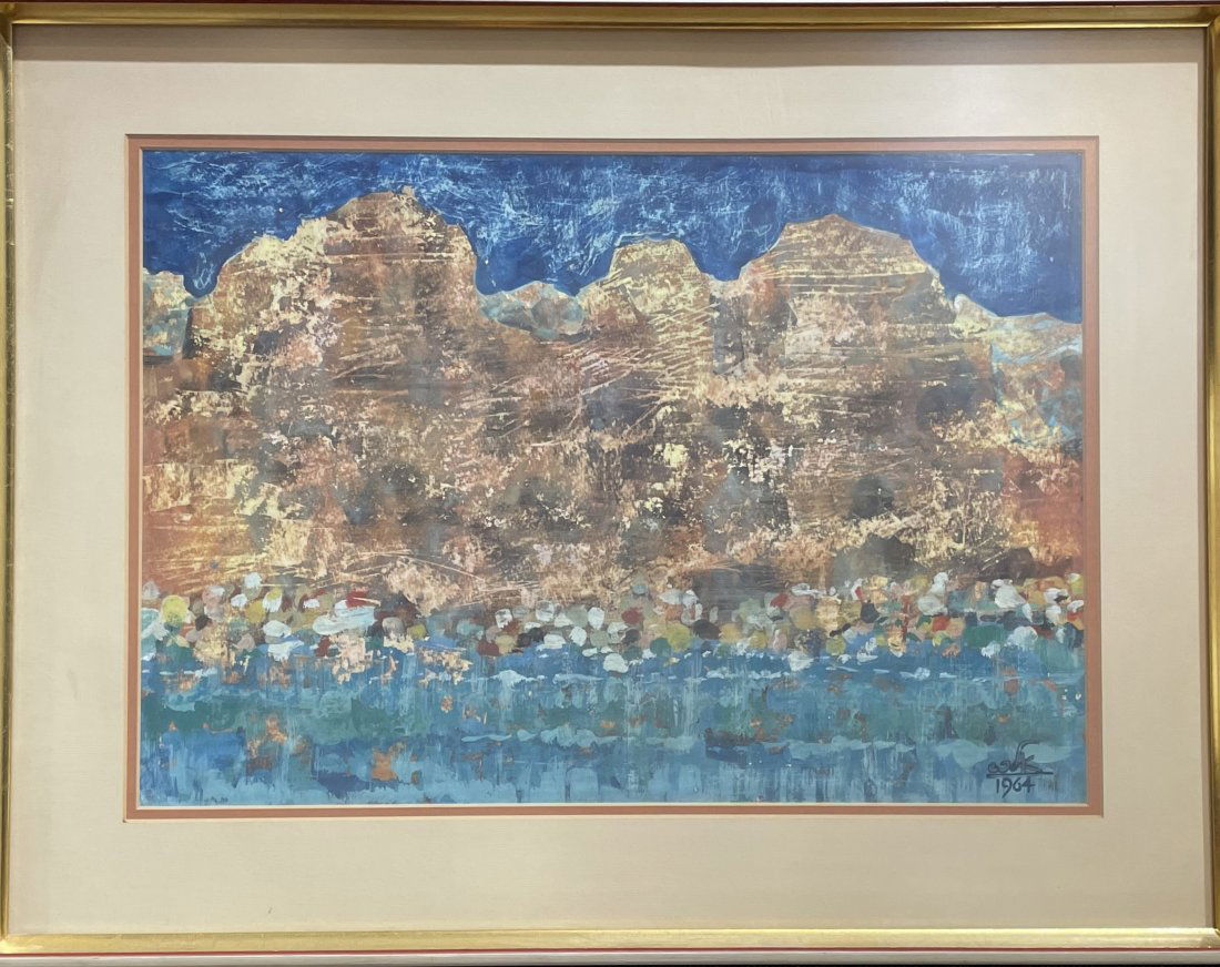 Israeli painting of mountains, signed Elko, c1965: Israeli painting of mountains, signed Elko, c1965 20 inches x 26 inches