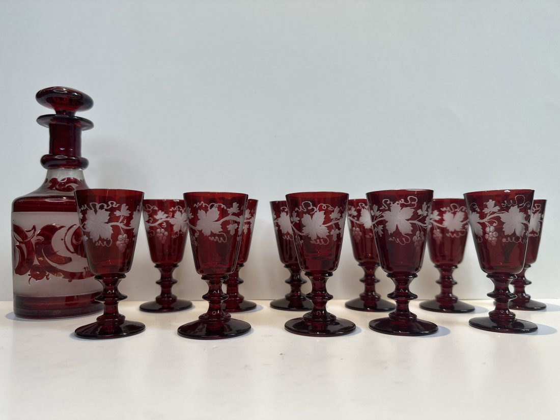11 Czech cut to clear red glasses and decanter (1 of 4)