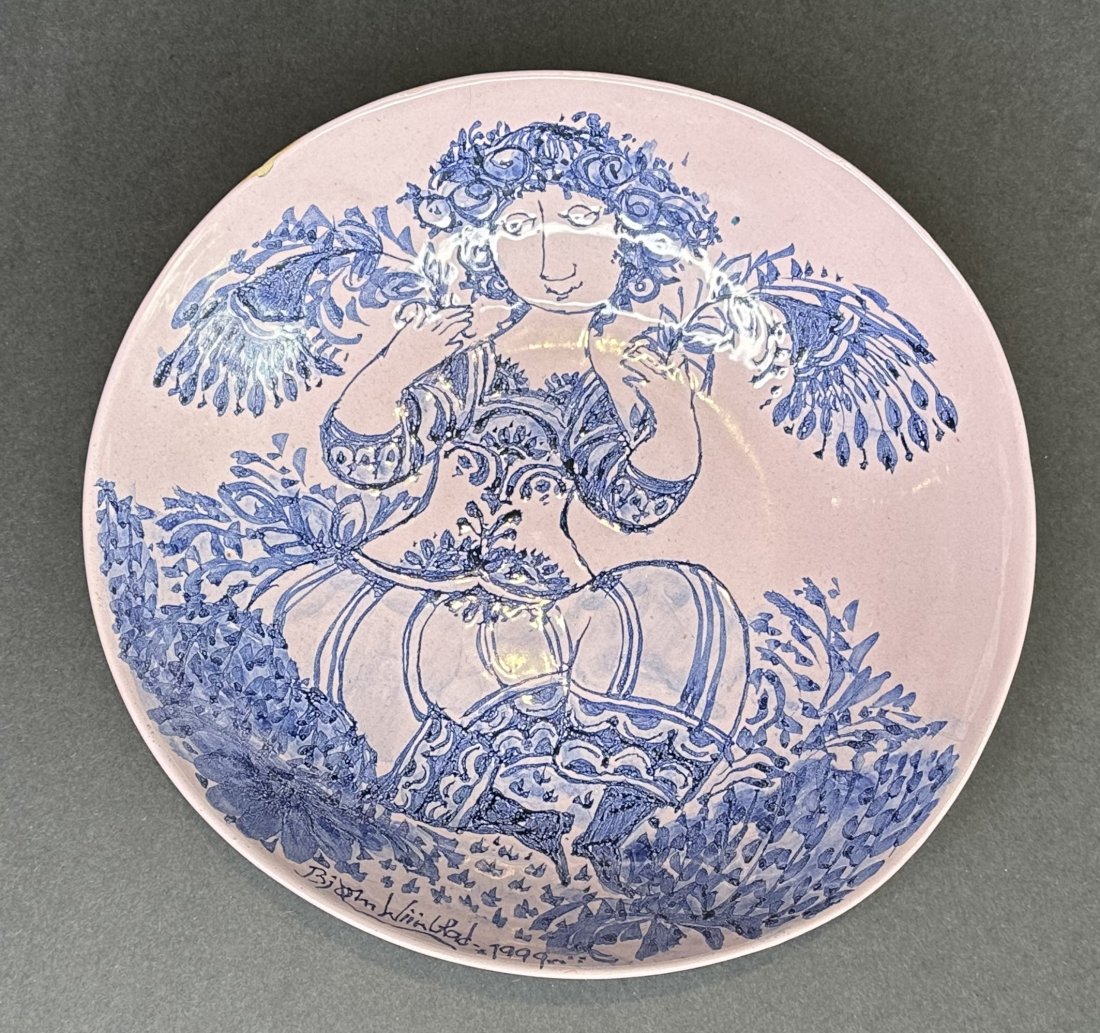 Bjorn Wiinblad bowl: Bjorn Wiinblad bowl, light purple and blue Diameter of bowl 8.25 inches, height 2 inches
