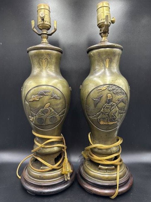 Pair of Japanese mixed metal bronze lamps incl. gold: Pair of Japanese mixed metal bronze lamps incl. gold 18.5 inches x 5.5 inches each