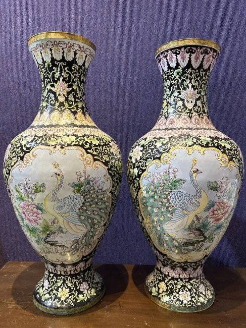 Pair of Chinese enamel tall vases with birds (1 of 15)