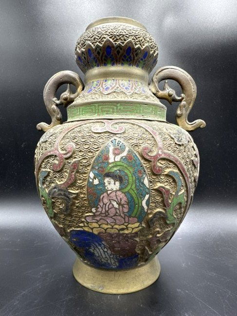 Japanese  Champleve  vase with sitting Buddha (1 of 6)