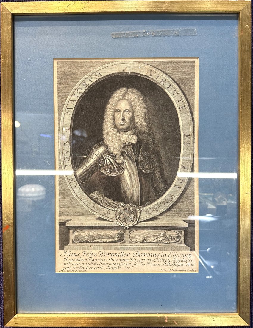 18th century engrav of H.F.Wertmuller,Swiss Army: 18th century engrav of H.F.Wertmuller, Swiss Army Approximate Dimensions: 9.5 inches by 14.5 inches sight to mat, frame 16.5 inches by 21.5 inches