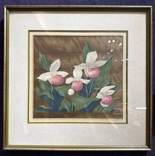 Moccasin Flower by A.J. Casson, silk silkscreen: Moccasin Flower by A.J. Casson, silk silkscreen Approximate Dimensions: 12.25 inches by 11.5 inches sight to mat,frame 20 inches by 20 inches