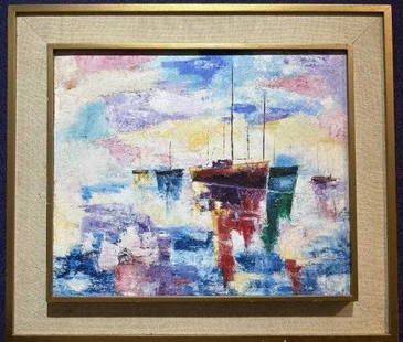 Osorio painting of sailboats, c1965: Osorio painting of sailboats, c1965 Approximate Dimensions: 23.5 inches by 19.5 inches sight to mat, frame 32 inches by 28 inches