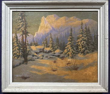 Richard Kruger landscape snow painting, c1910: Richard Kruger landscape snow painting, c1910 Approximate Dimensions: 29.75 inches by 24 inches sight to mat, Frame 36 inches by 31 inches