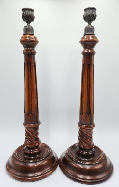 Pair of tall wood candle sticks: Pair of tall wood candle sticks Approximate Dimensions: 16.5 inches H, 6 inches diameter