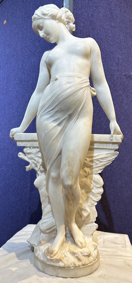 Outstanding marble or alabaster sculpture of a maiden by P.Emilio Fiaschi, c1900: Outstanding marble or alabaster sculpture of a maiden by P.Emilio Fiaschi, signed on the back, c1900 Approximate Dimensions: 29.5" H and 13.5" W between the two hands. (From Wiki):P. Emilio Fiaschi (1