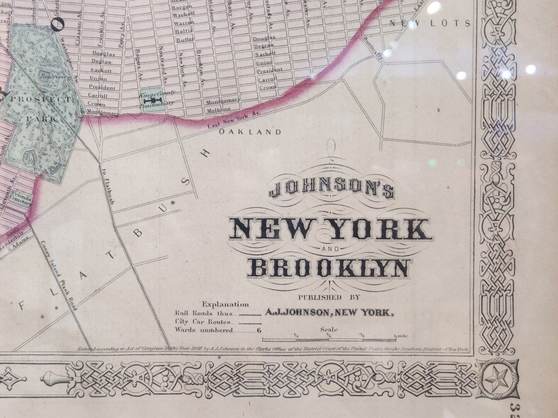 A. Johnson New York/Brooklyn framed map, 1866 (1 of 2)