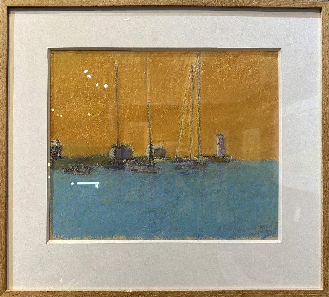Wolf Kahn, Pastel titled Harbor Scene, 1962: Pastel by Wolf Kahn Harbor Scene, 1962. Approximate Dimensions: 16 inches by 13.5 inches sight to mat, Frame 23 inches by 21 inches All the Wolf Kahn works in this auction were bought by Rabbi Jonatha