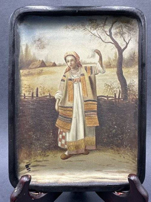 Russian lacquer tray with girl, c1900 (1 of 8)