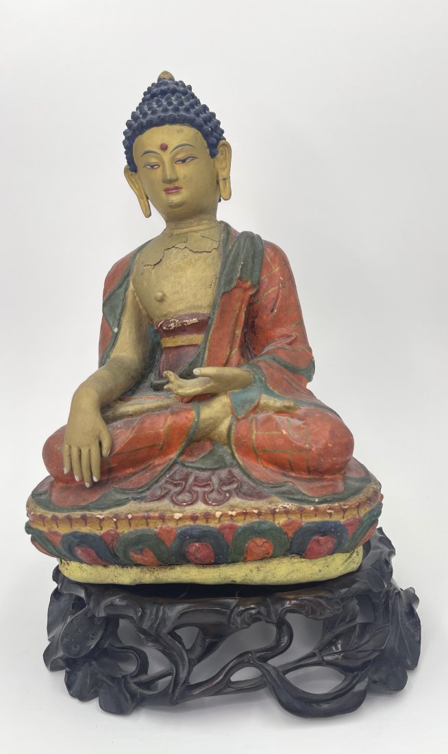 Composition Nepalese Buddha on fine wood stand: Composition Nepalese Buddha on fine wood stand