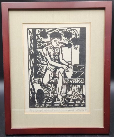 Erich Heckel woodblock print 1950: Erich Heckel woodblock print 1950. Approximate Dimensions: 5.5 inches W by 7.5 inches H sight to mat, Frame 8.75 inches W by 10.75 inches H Erich Heckel (31 July 1883 to 27 January 1970) was a German