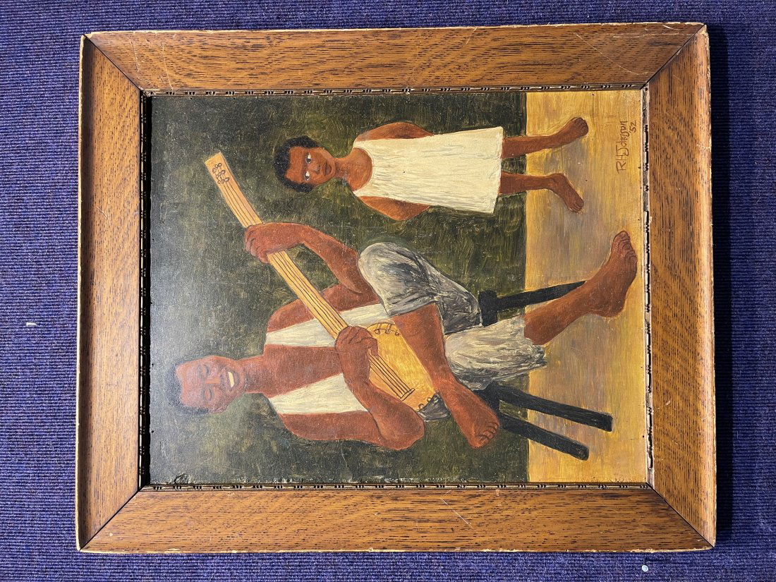 Robert Johnson painting, banjo player, 1952: Robert Johnson painting, banjo player, 1952 Sight to mat: 15.25 inches x 19.25 inches Total dimensions: 20.25 inches x 24.5 inches.