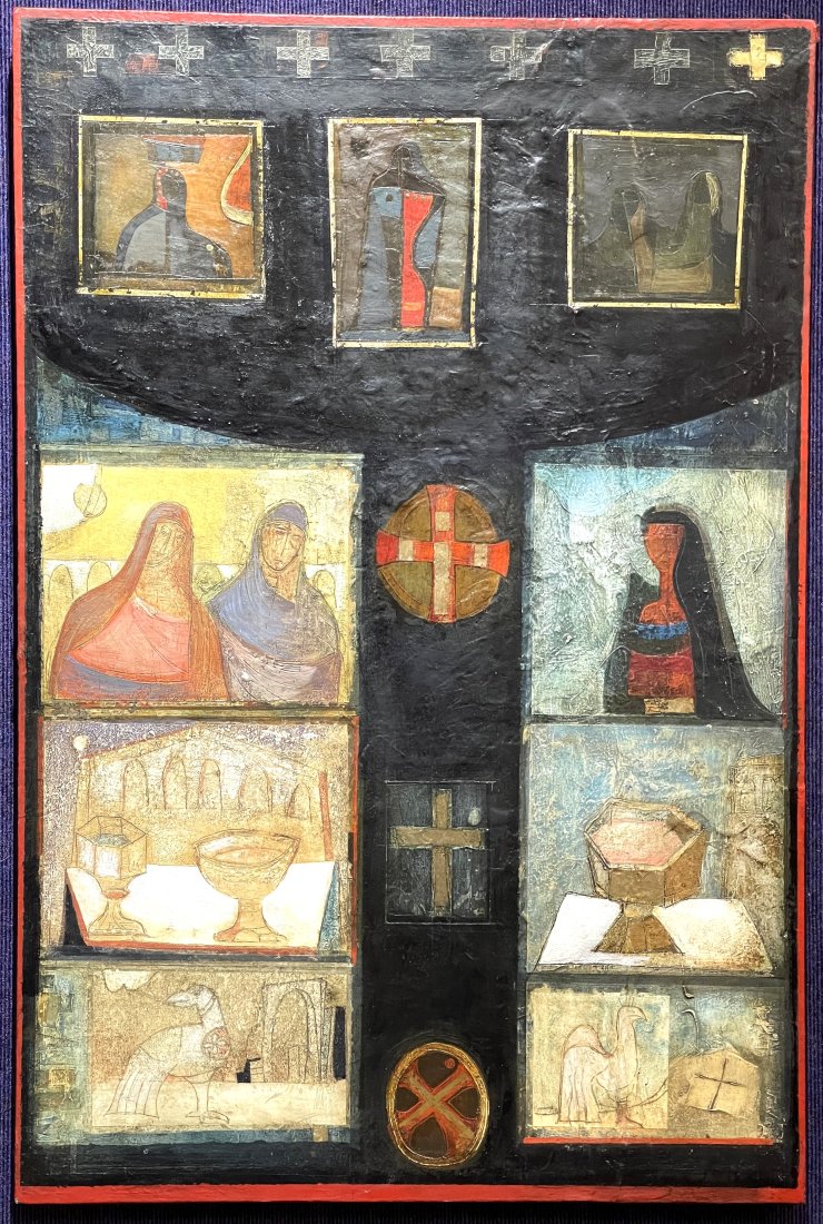 Unsigned Church painting, mixed media, with Chalices, c1990 (1 of 7)