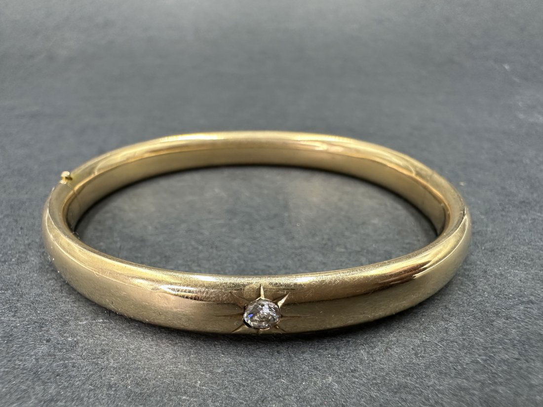 14k gold bangle bracelet with diamond, c1910 (1 of 2)