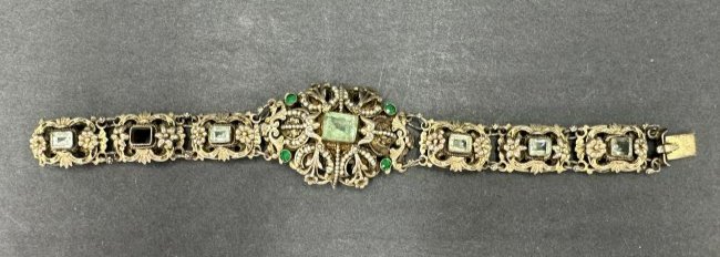 Hungarian silver & emerald bracelet, c1920: Hungarian silver & emerald bracelet, c1920. One Hungarian emerald missing. Length: 7 inches Weight: 1.1820 ozt