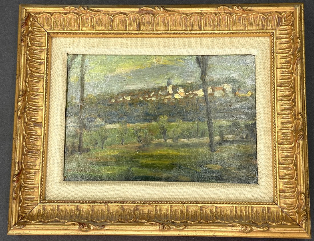 French Impressionist landscape, late 19th century: French impressionist landscape, late 19th century.The reverse has notes written by the purchaser before she passed away of old age, that she acquired the painting at a flea market in Paris.-----------