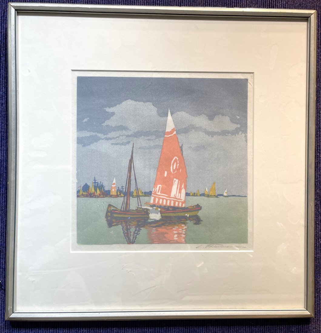 Carl Thiemann woodcut, Red Sail, 1924, Gallery label (1 of 8)