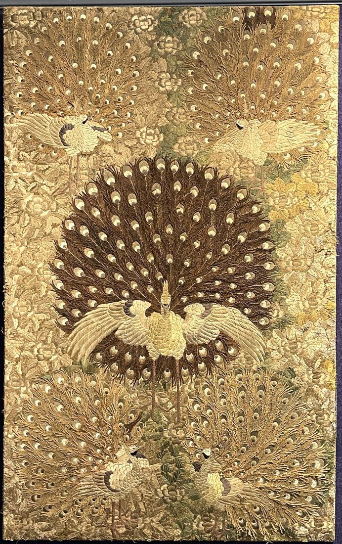 Large silk embroidery of peacocks, c1940 (1 of 6)