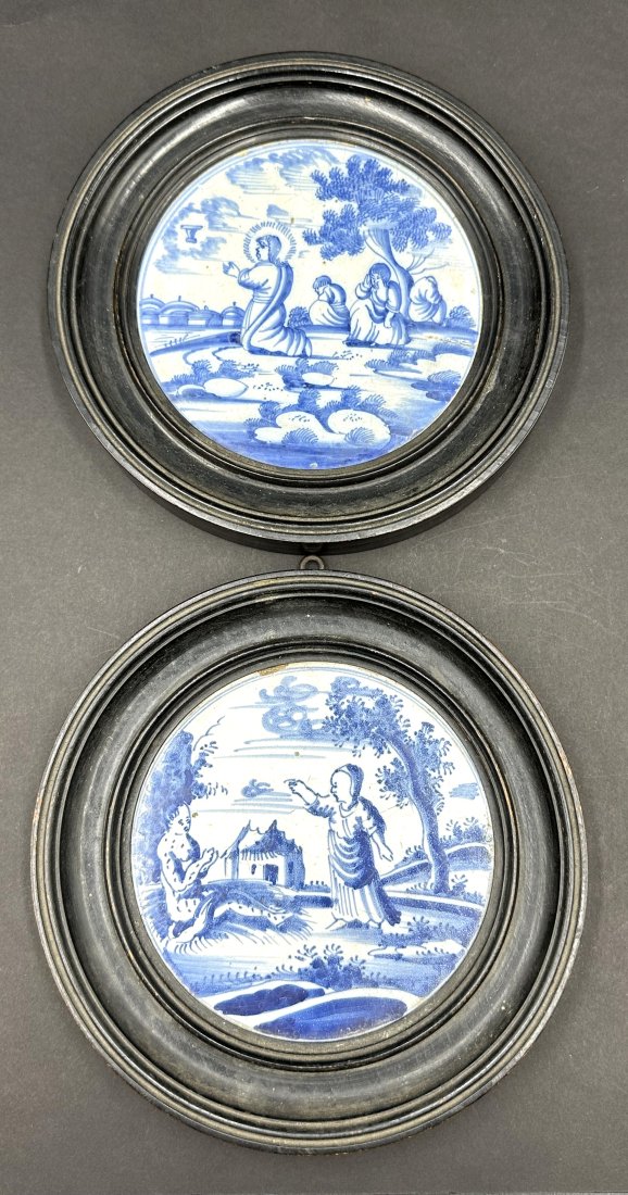 Two Dutch tiles, 18thc: Two Dutch tiles, 18thc Diameter with frame: 7.25 inches