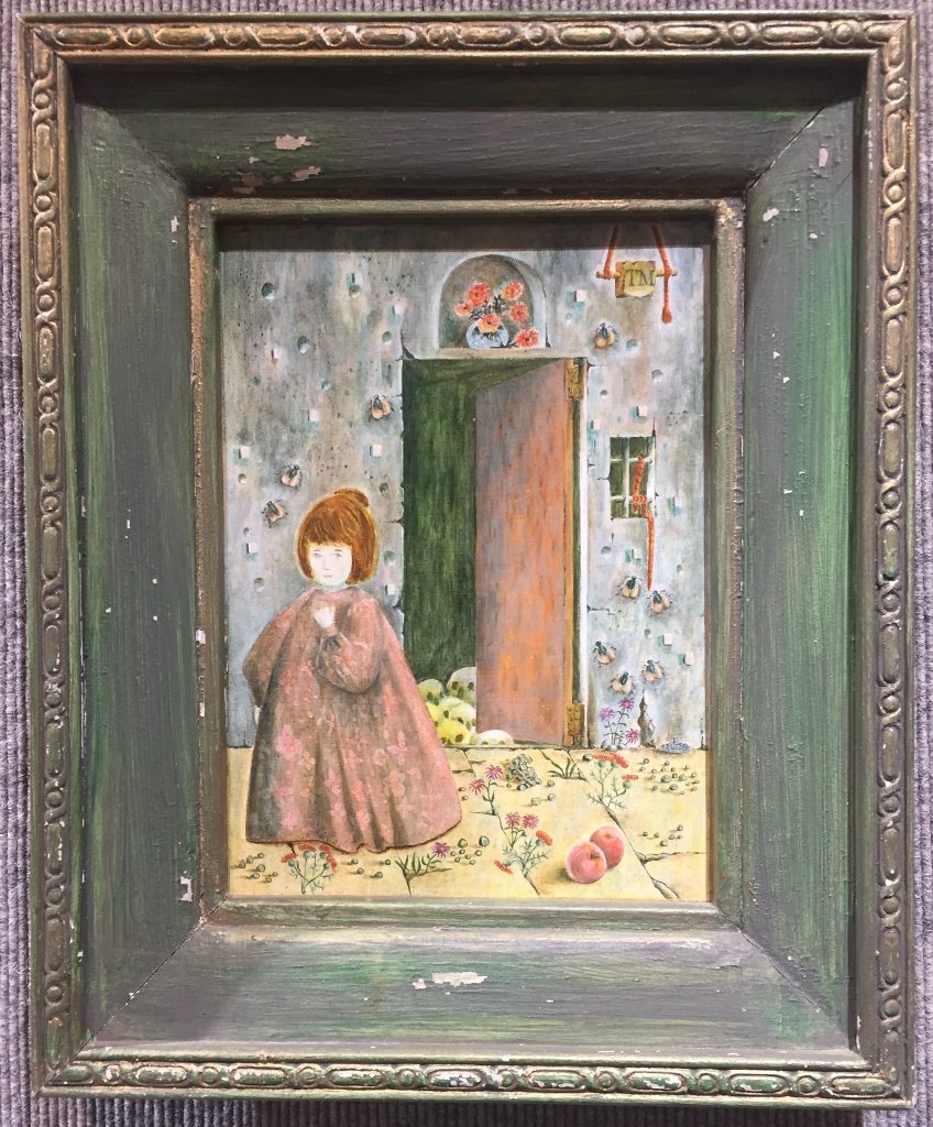 Small painting of a young girl by Tobias Musicant: Small painting of a young girl by Tobias Musicant. Measurements without frame: 10.5 in high and 7.5 in wide; with frame: 16 in high and 13 in wide.